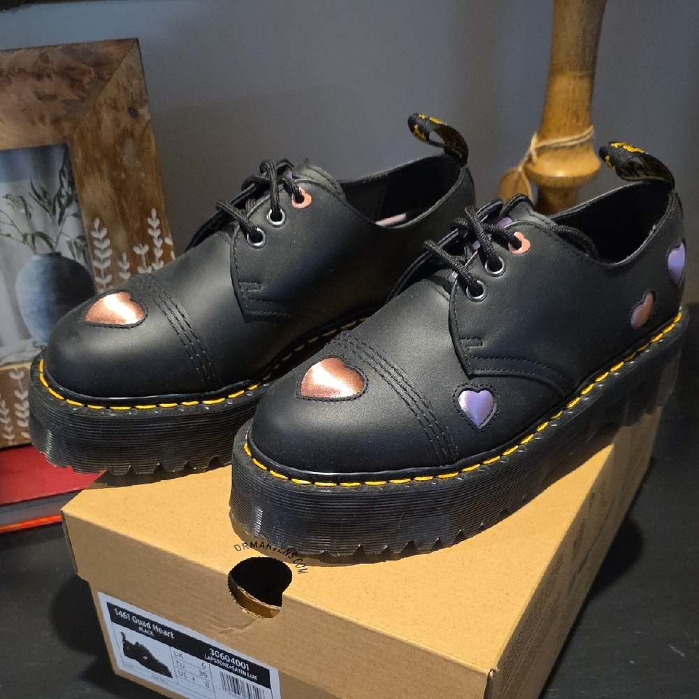 Dr. Martens Black Platform Shoes with Heart Accents